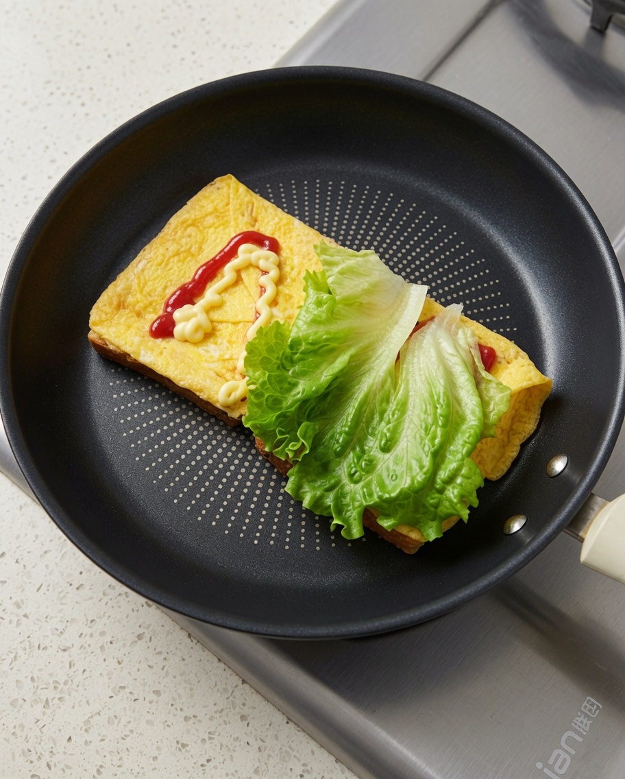 Una hoja de lechuga verde fresca colocada sobre la superficie del huevo cocido dentro de la sartén.