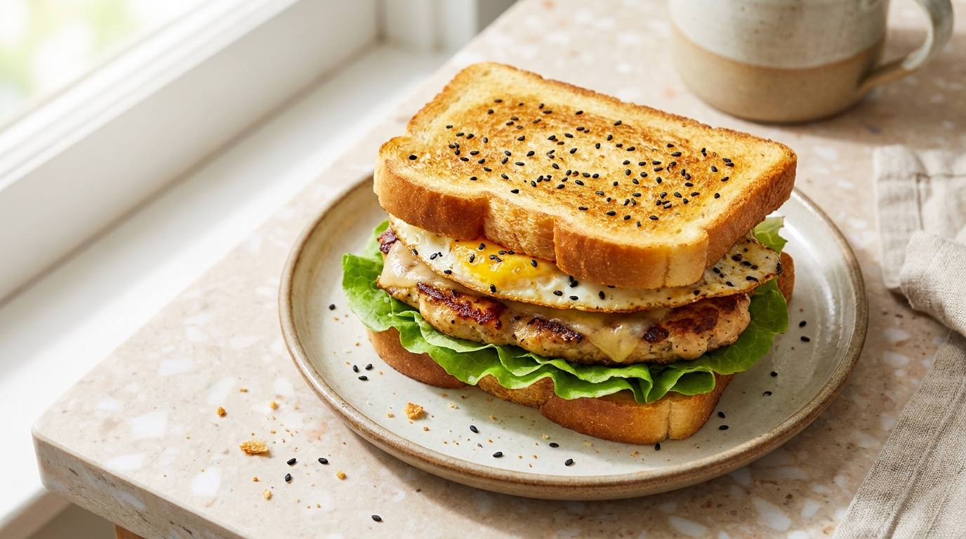 Un sándwich de huevo dorado y frito en sartén, salpicado con semillas de sésamo negro, relleno de lechuga fresca y una hamburguesa de pollo.