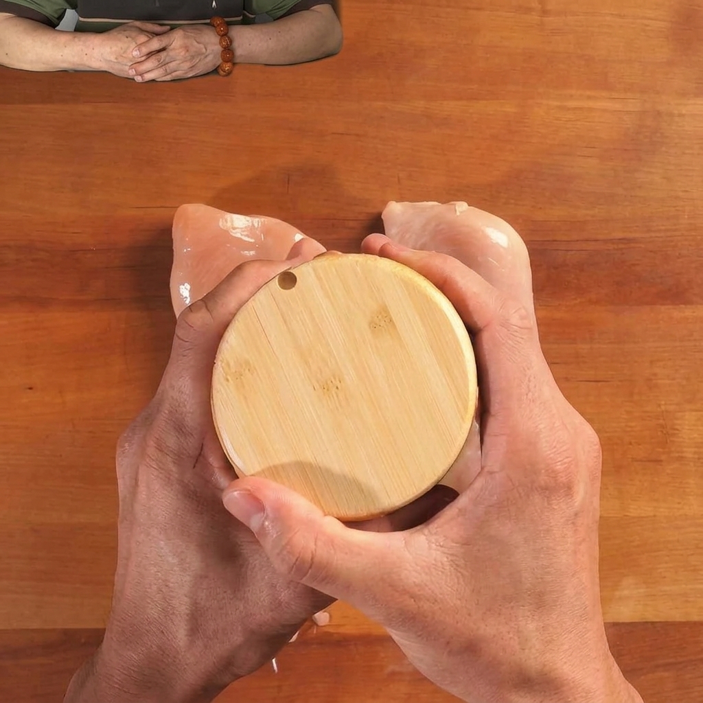 Pechugas de pollo crudas sobre una tabla de madera siendo sazonadas con especias.