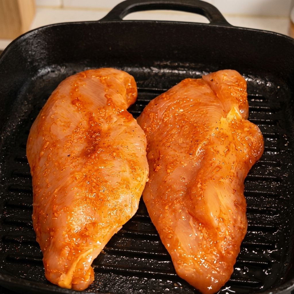 Dos pechugas de pollo sazonadas dorándose en una sartén acanalada con marcas de parrilla.