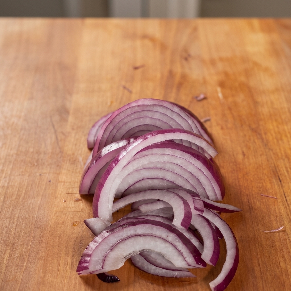 Un montón de aros de cebolla morada recién cortados sobre una tabla de madera.