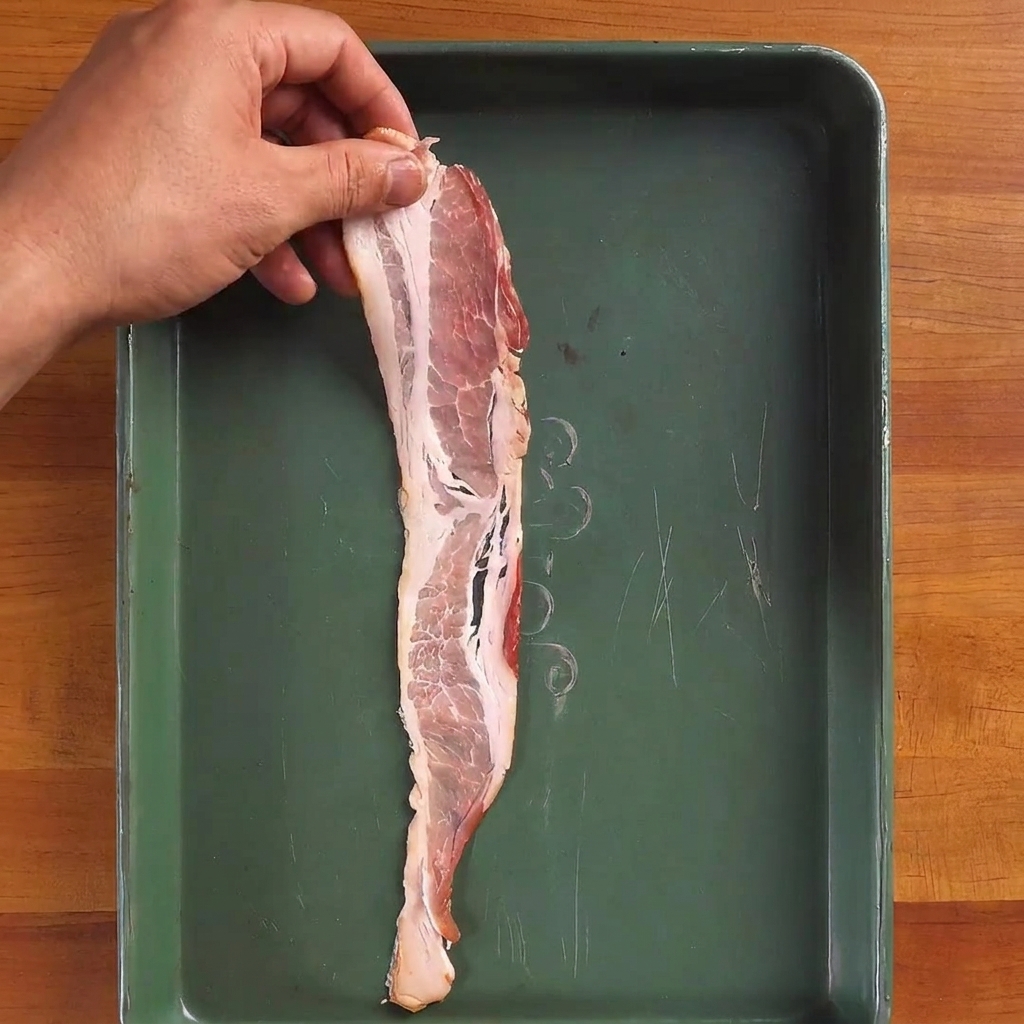 Una tira de tocino crudo sostenida verticalmente sobre una bandeja de metal verde.