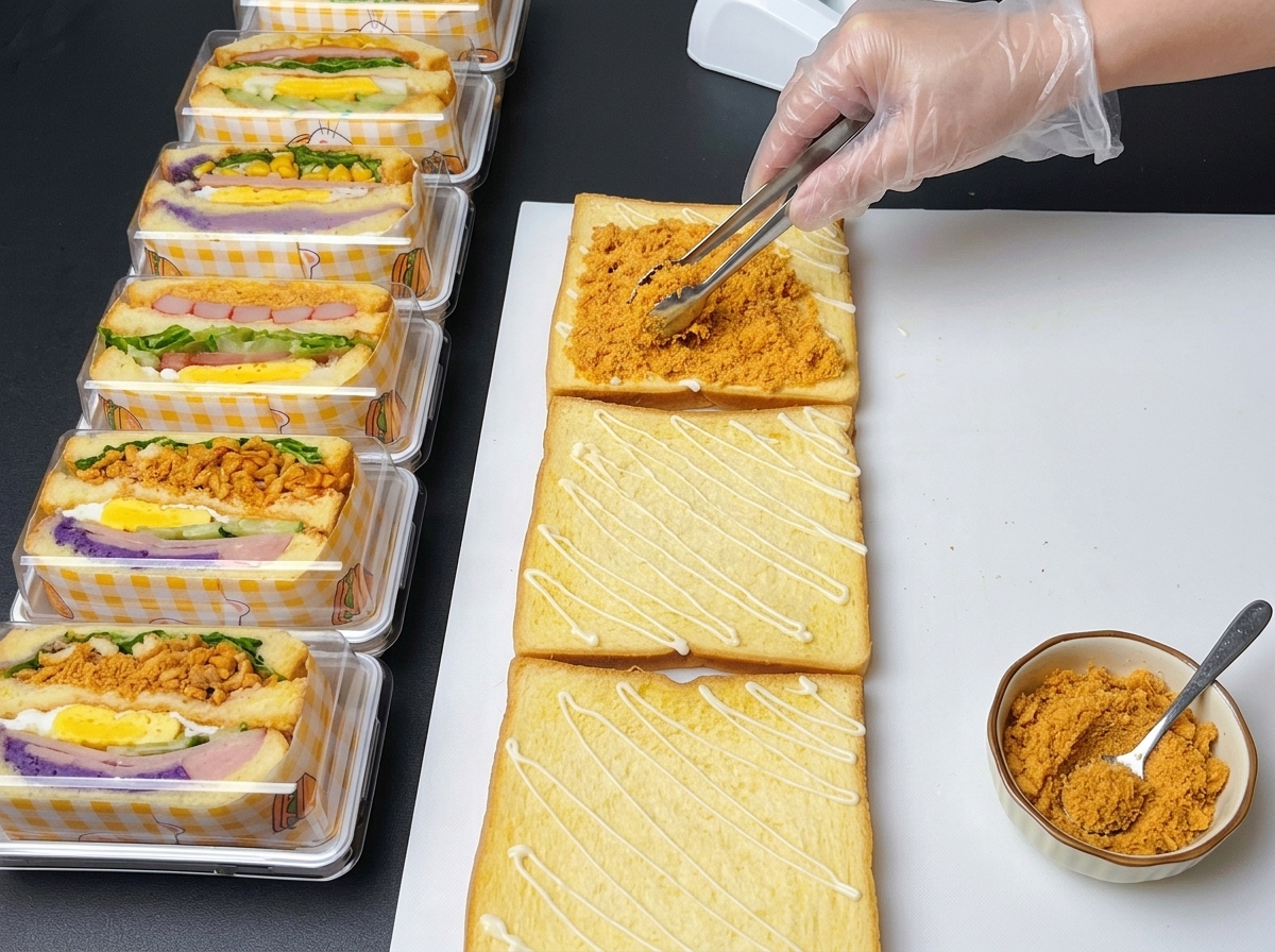 Usando pequeñas pinzas de metal para distribuir uniformemente hilo de pollo dorado sobre una rebanada de tostada.