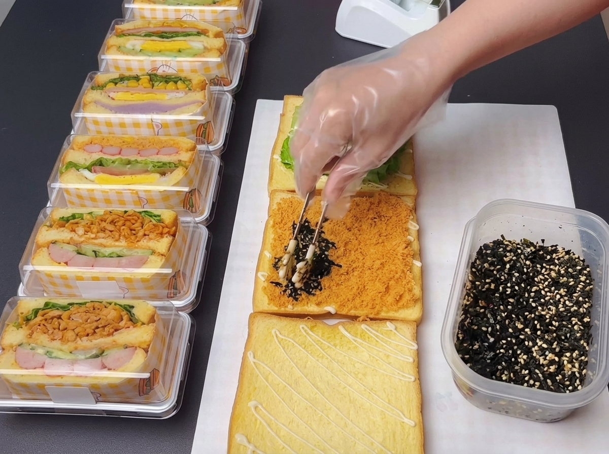Pinzas colocando una mezcla oscura de nori triturado y semillas de sésamo blancas sobre una cama de hilo de pollo.