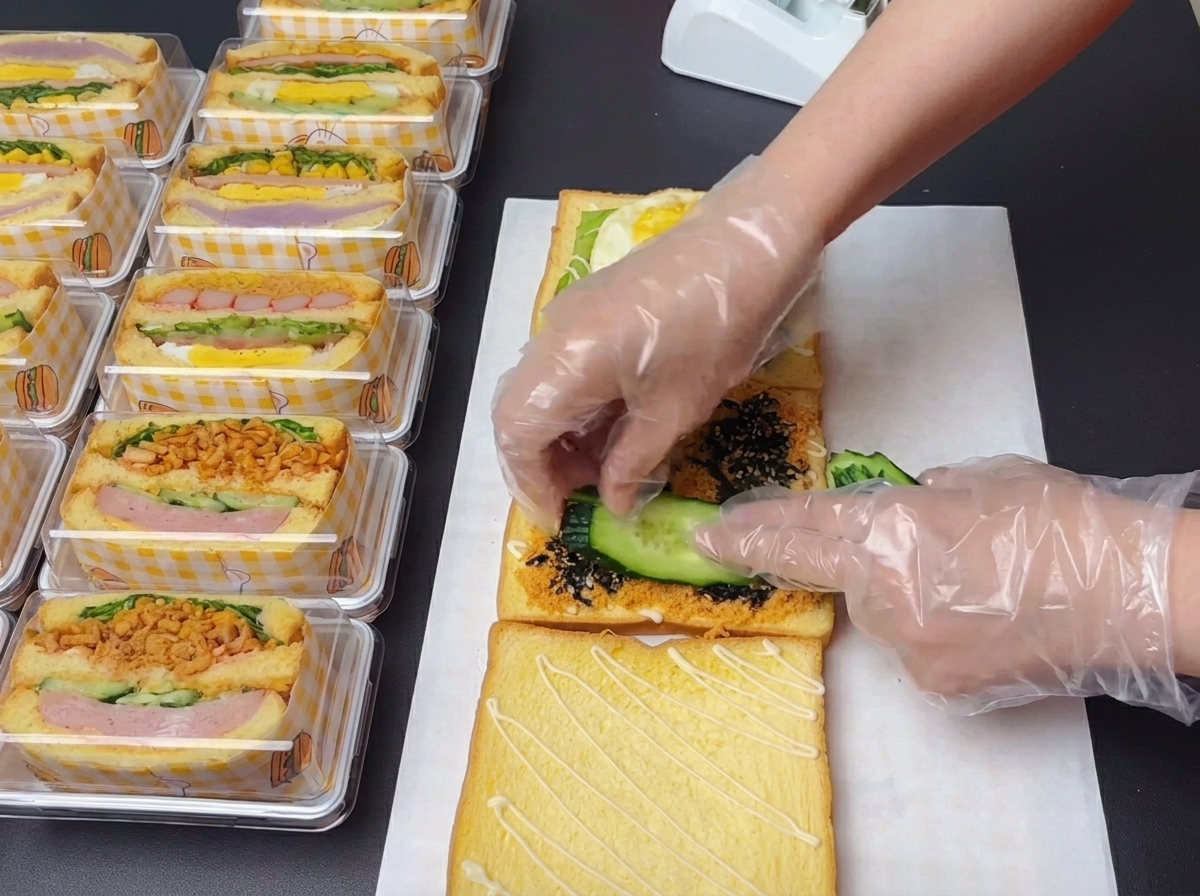 Manos con guantes organizando ordenadamente cuatro rodajas de pepino finas y redondas sobre el nori y el hilo de pollo.