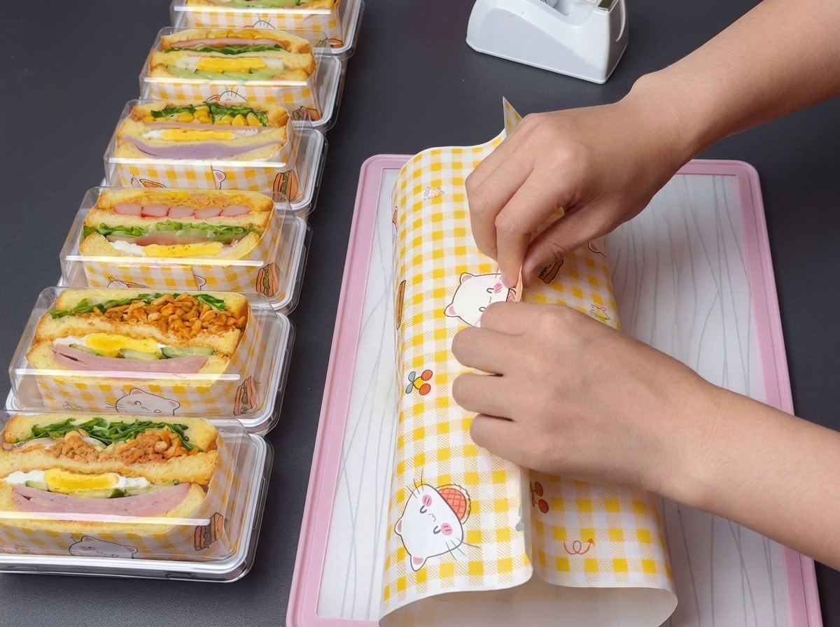 El sándwich completamente apilado siendo envuelto firmemente en papel con patrón amarillo y blanco.