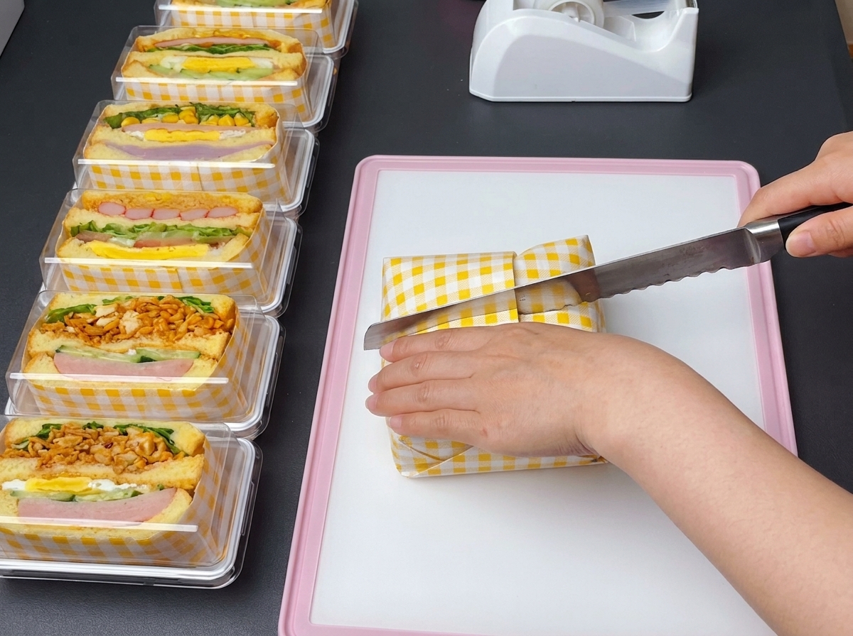 Un cuchillo de sierra cortando a través del centro del sándwich envuelto en una tabla de cortar rosa.