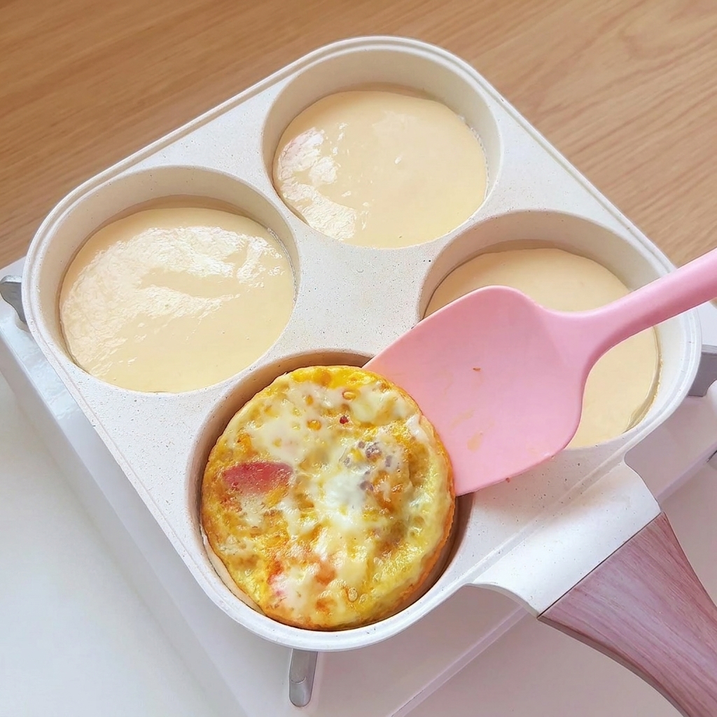 Tortitas de huevo cocidas previamente siendo colocadas sobre la masa líquida en los compartimentos de la sartén.