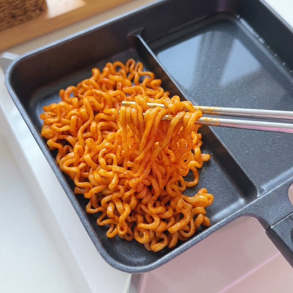 Palillos levantando vibrantes fideos rojos de pollo picante dentro de una sartén dividida de color negro.