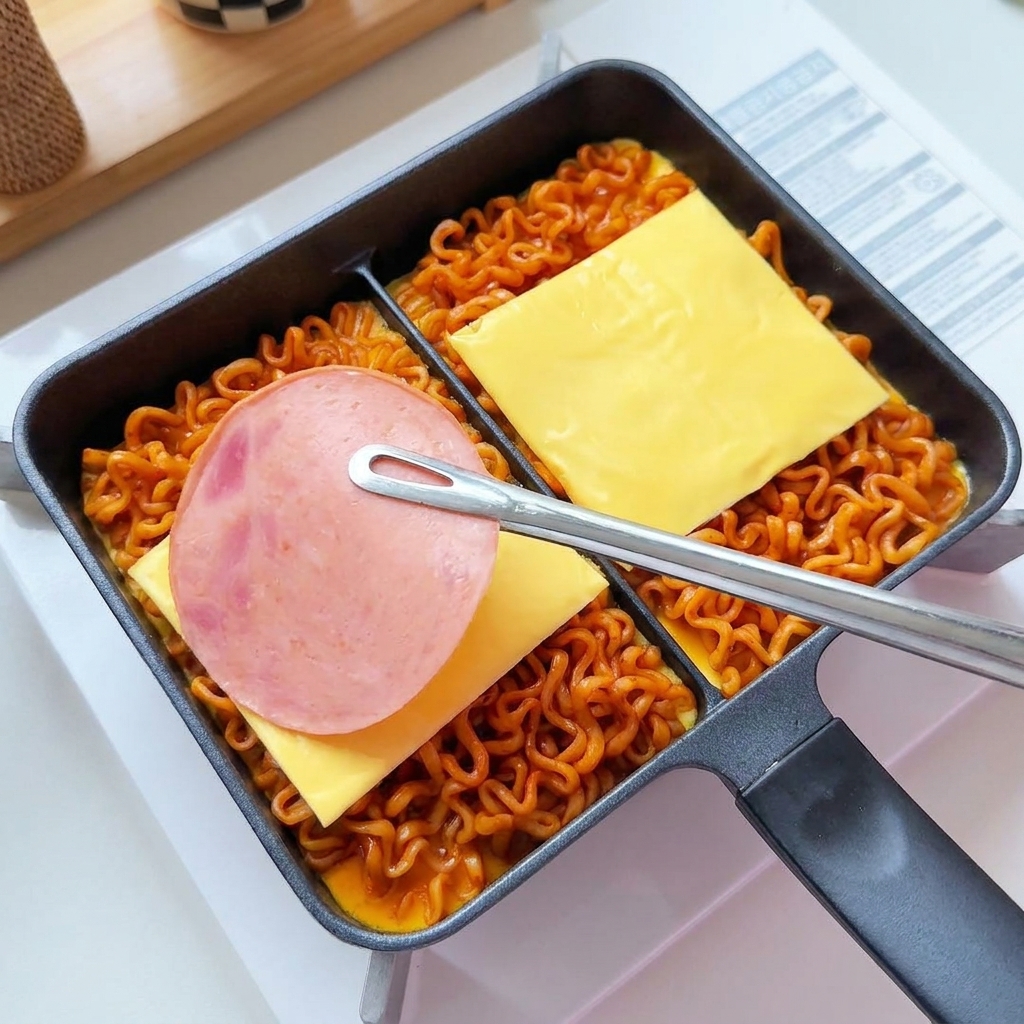 Rebanadas de queso y jamón siendo organizadas encima de la base de fideos usando pinzas de metal.