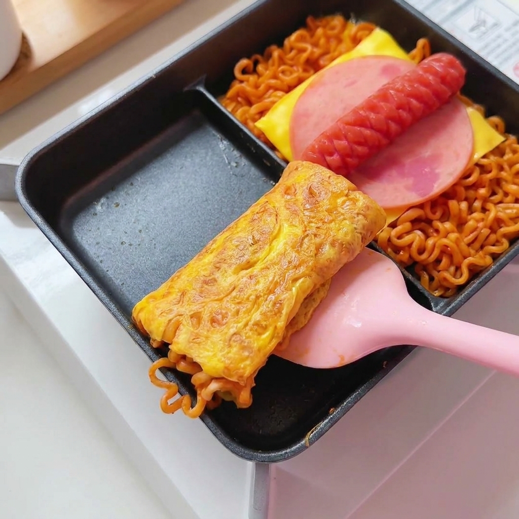 Una espátula rosa enrollando un rollo cocido de huevo y fideos dentro de una sartén rectangular.