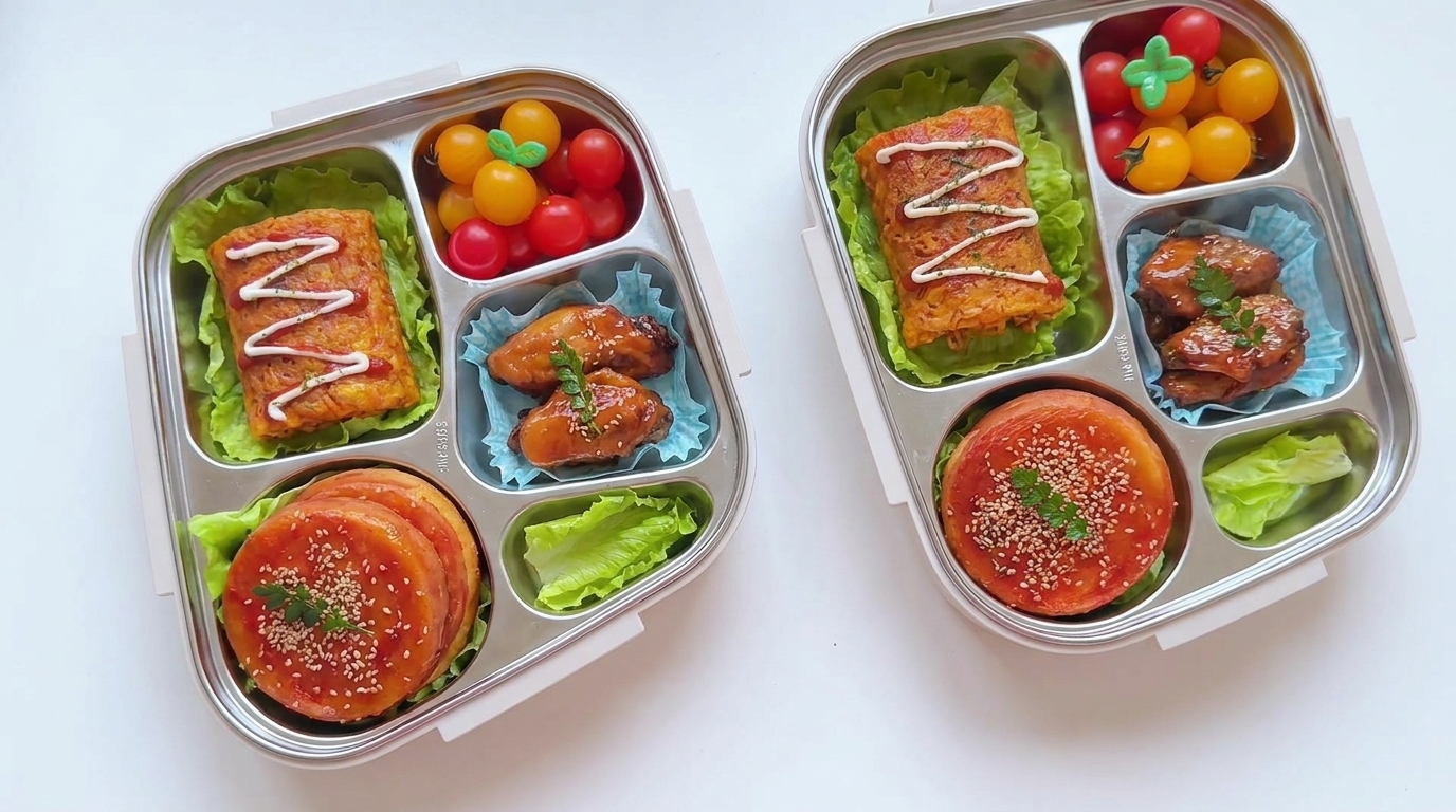 Bento Box Definitivo para Niños: Mini Hamburguesas de Carne y Huevo, rollitos de fideos picantes y alitas a la cola