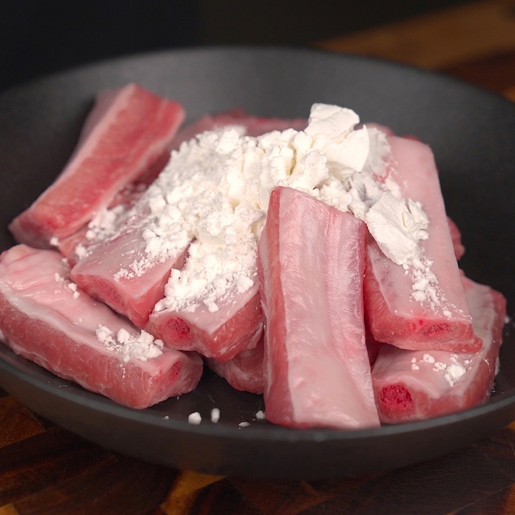 Costillas de cerdo crudas en un bol oscuro con un montón de almidón blanco espolvoreado por encima.