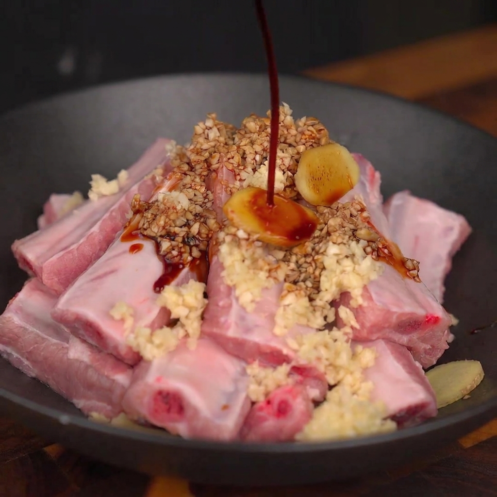 Una salsa líquida oscura siendo vertida sobre costillas de cerdo crudas cubiertas con ajo picado y rodajas de jengibre en un bol oscuro.