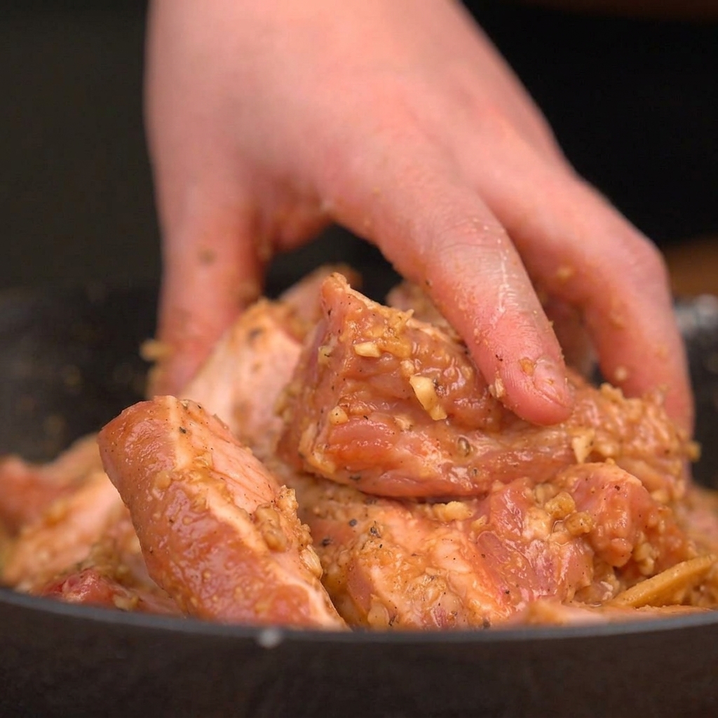 Una mano mezclando activamente costillas de cerdo crudas con un adobo espeso, sabroso y rico en ajo dentro de un bol.