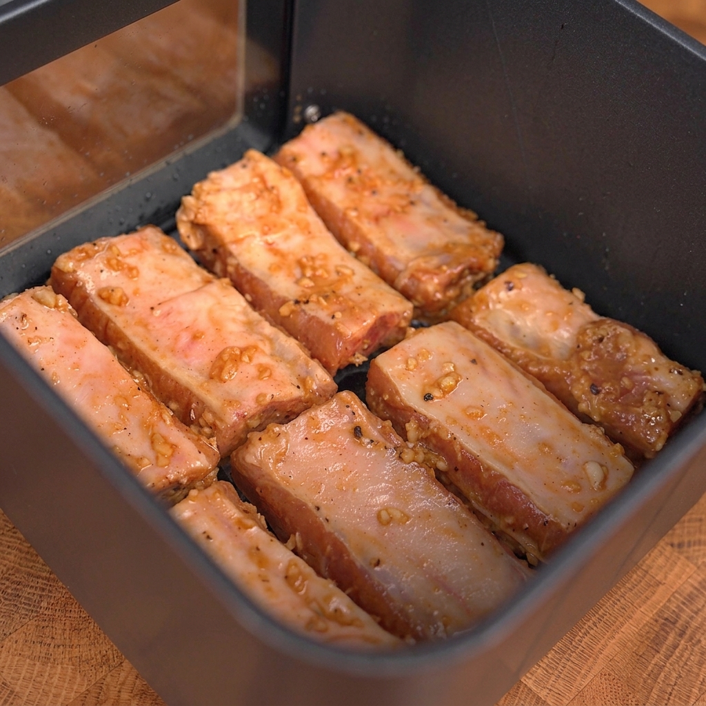 Aceite siendo rociado sobre las costillas de cerdo dentro de la air fryer.