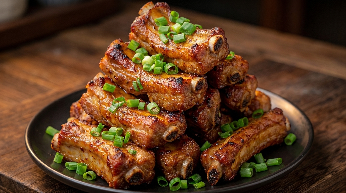 Una alta torre de costillas de cerdo asadas de color marrón dorado adornadas con cebollino picado sobre un plato oscuro.