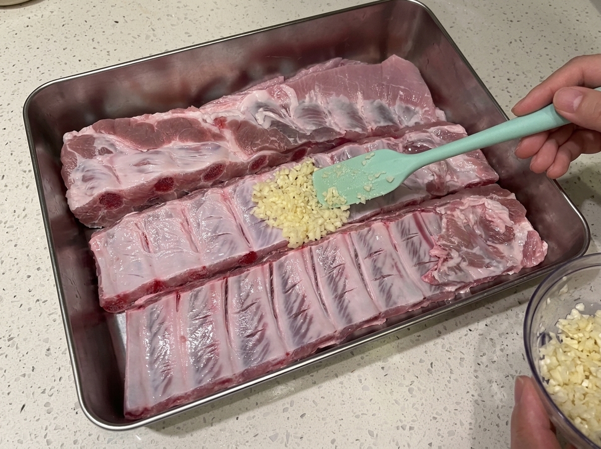 Ajo fresco picado cayendo sobre la superficie de las costillas de cerdo crudas con una espátula de silicona.
