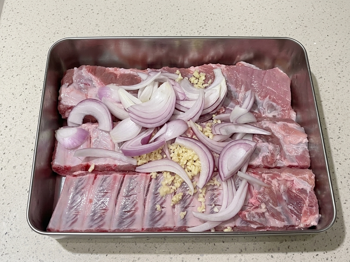 Cebollas rojas en rodajas distribuidas sobre las costillas de cerdo mientras se aplica jugo.