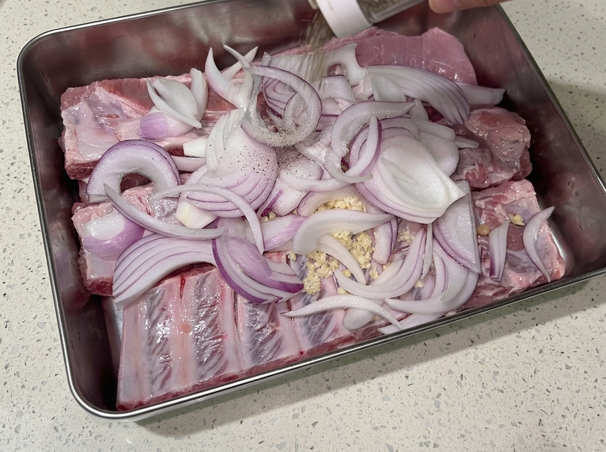 Copos de pimienta negra sacudidos desde un recipiente sobre las costillas que se están marinando.