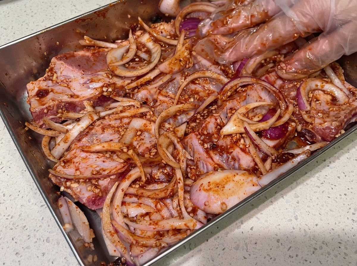 Manos con guantes mezclando y frotando activamente un adobo rojo oscuro de manera uniforme a través de las costillas de cerdo crudas y cebollas rojas en rodajas.
