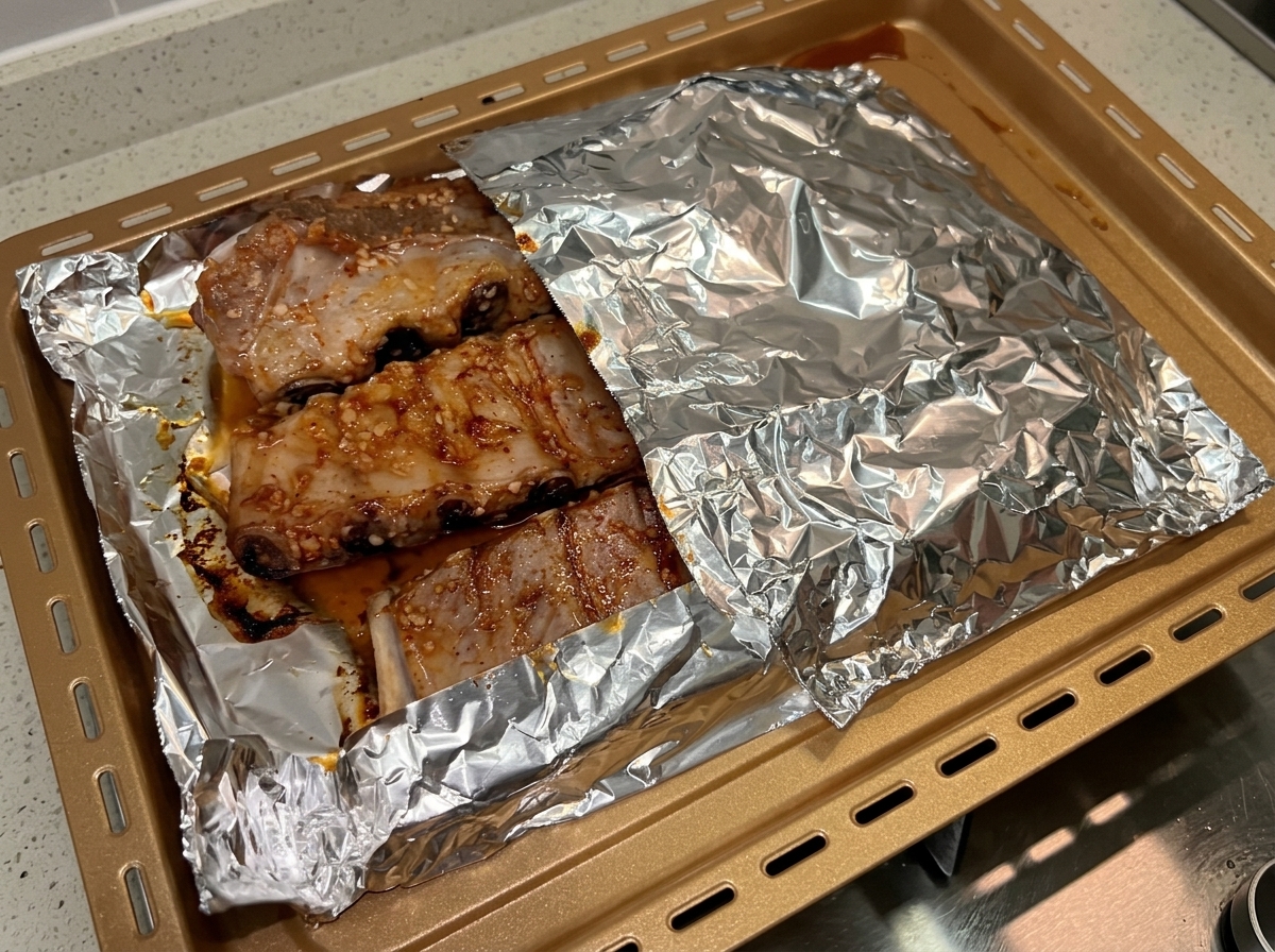 Papel de aluminio retirado de una bandeja para hornear de color dorado para exponer costillas de cerdo humeantes y prehorneadas que descansan en una salsa oscura y sabrosa.