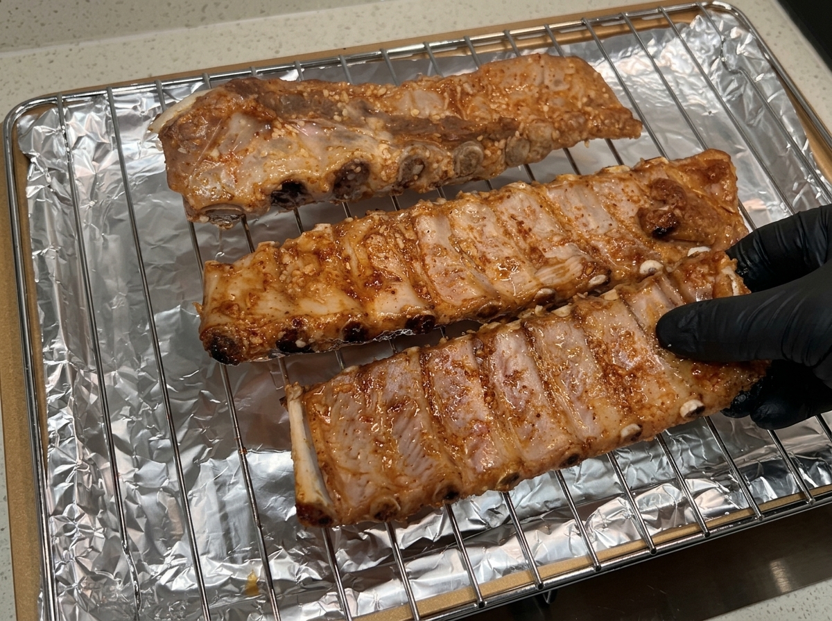 Una mano con guantes transfiriendo tres piezas de costillas de cerdo parcialmente asadas desde el papel de aluminio a una rejilla metálica para hornear.