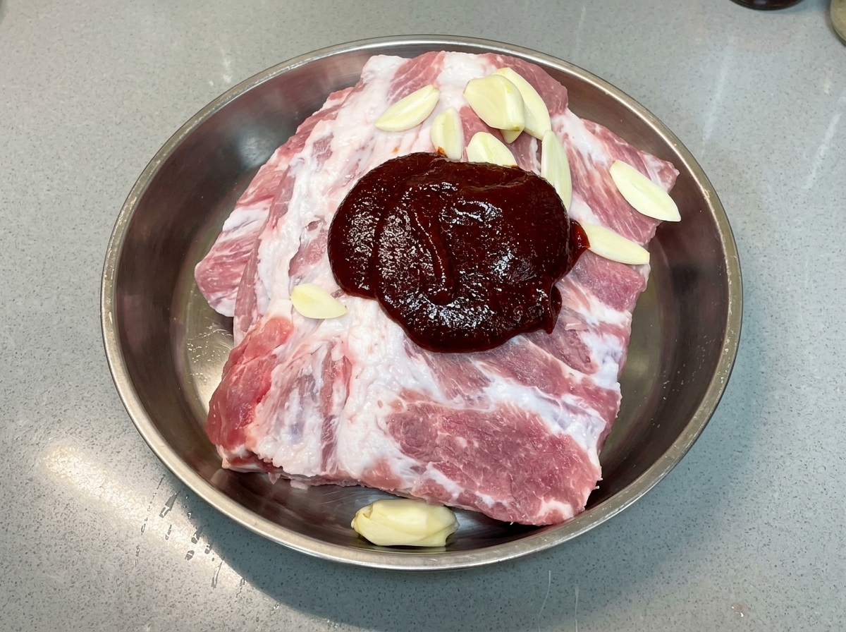 Salsa de ostras siendo dispensada sobre los condimentos que cubren las costillas de cerdo crudas.