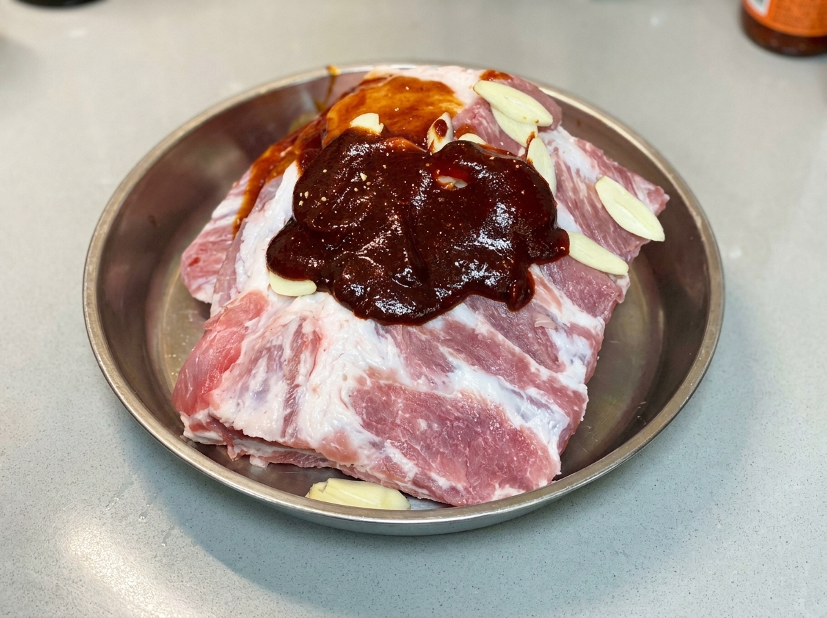 Finas motas de pimienta blanca espolvoreadas sobre las costillas de cerdo marinadas.