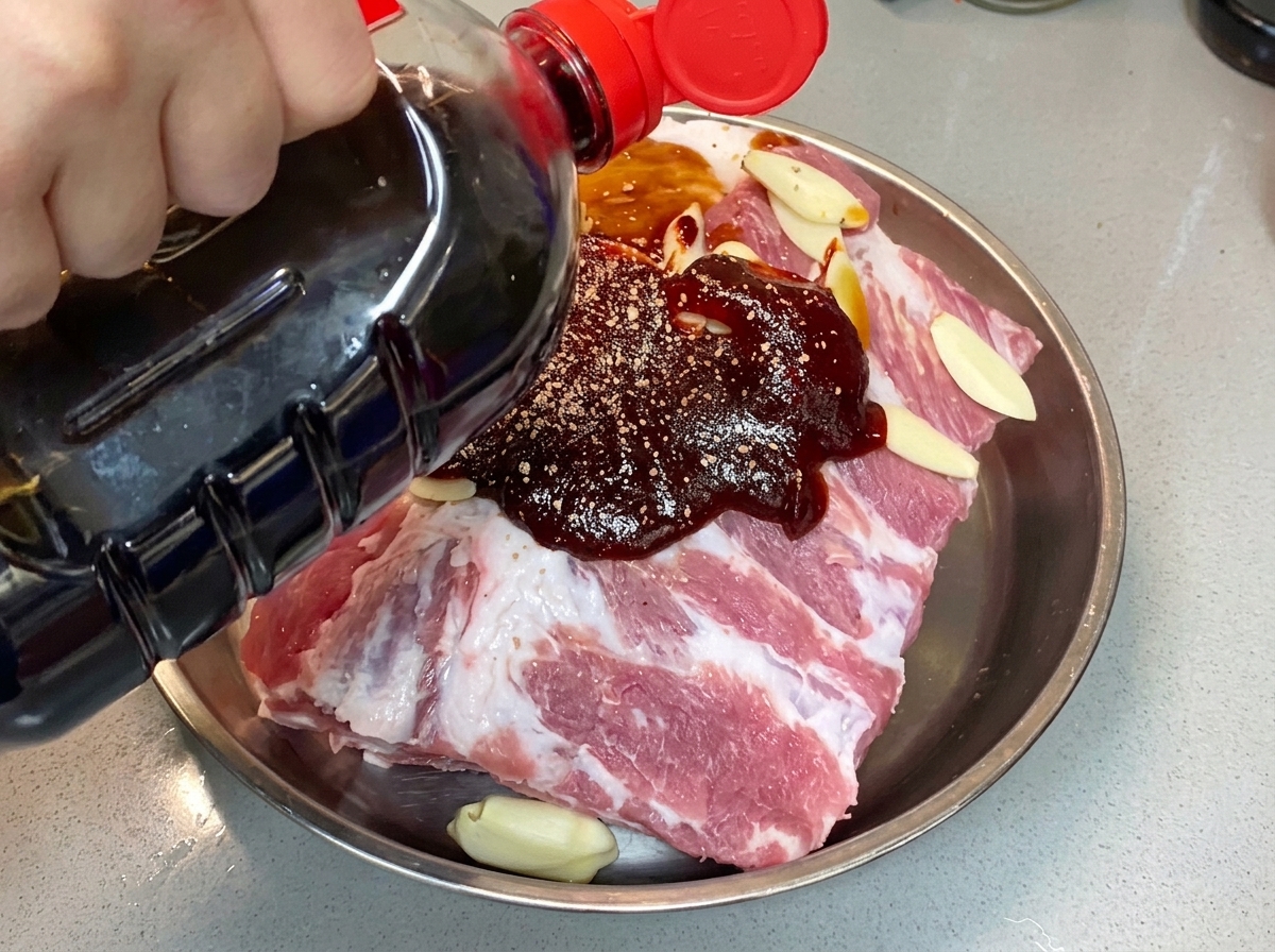 Salsa de soja ligera vertiéndose desde una botella sobre las costillas de cerdo sazonadas.