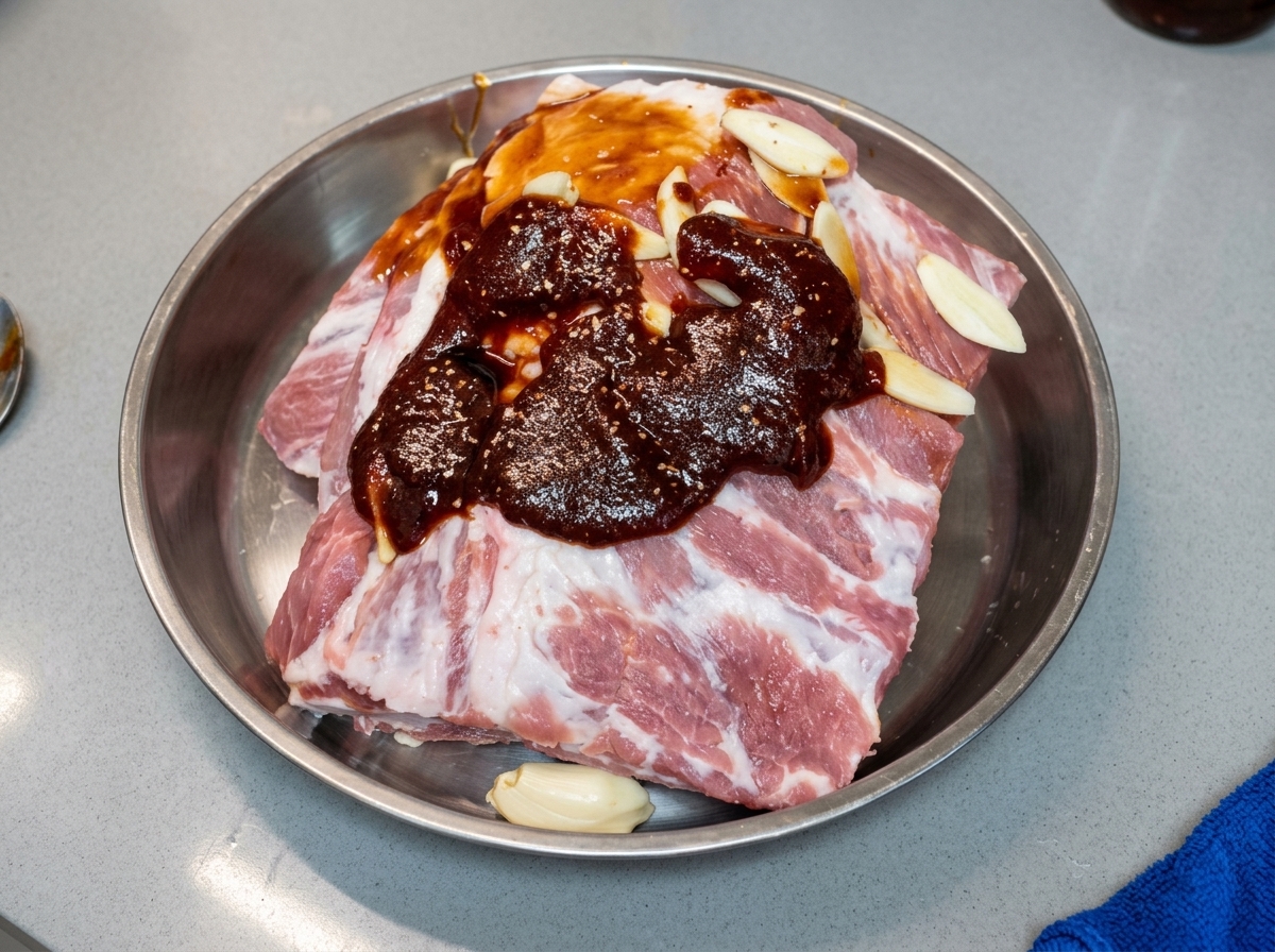 Sal espolvoreada sobre las costillas de cerdo sazonadas en una bandeja de metal.