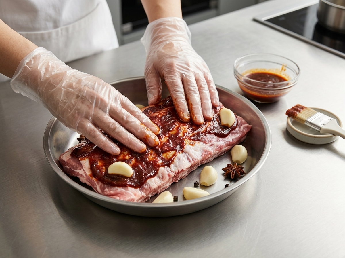 Manos con guantes transparentes masajeando un marinado oscuro y ajo sobre costillas de cerdo dentro de un tazón de metal.