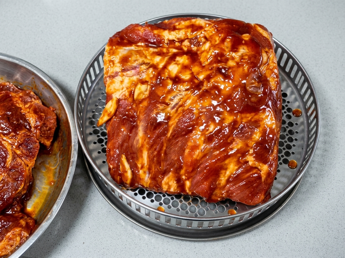Costillas de cerdo marinadas reposando en una bandeja de metal perforada con trozos de ajo debajo.