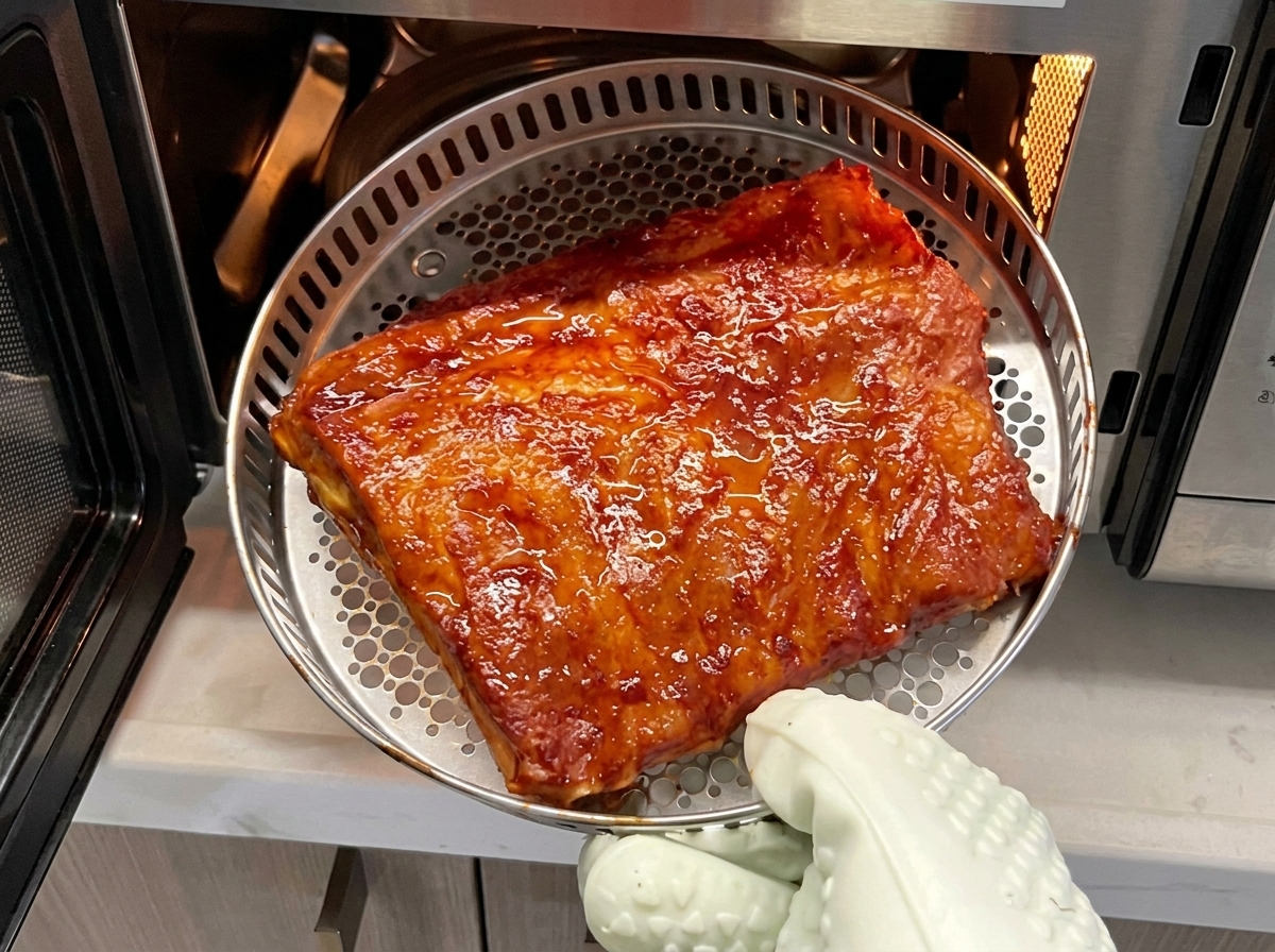 Costillas de cerdo siendo volteadas en una canasta para hornear usando pinzas de cocina dentro de un horno.
