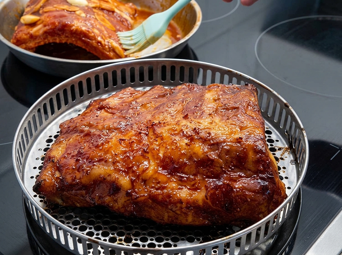 Un pincel de cocina aplicando una mezcla de miel y salsa sobre la parte superior de las costillas de cerdo sazonadas.
