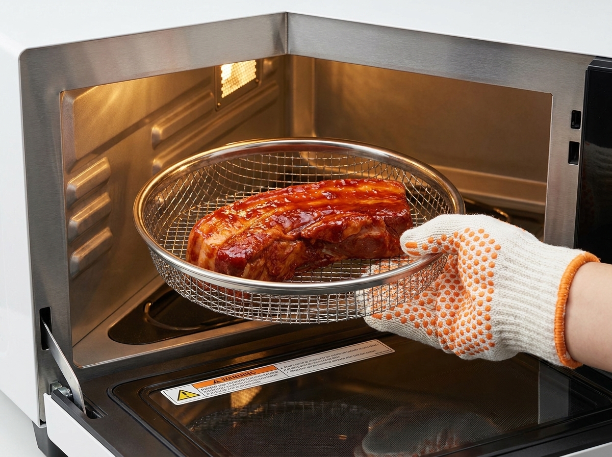 Una persona con un guante resistente al calor colocando una canasta de alambre con costillas glaseadas en un horno abierto.