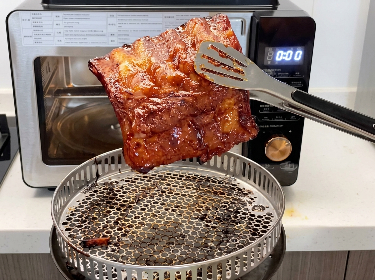 Unas pinzas de metal levantando un trozo de costilla de cerdo recién horneada y glaseada.