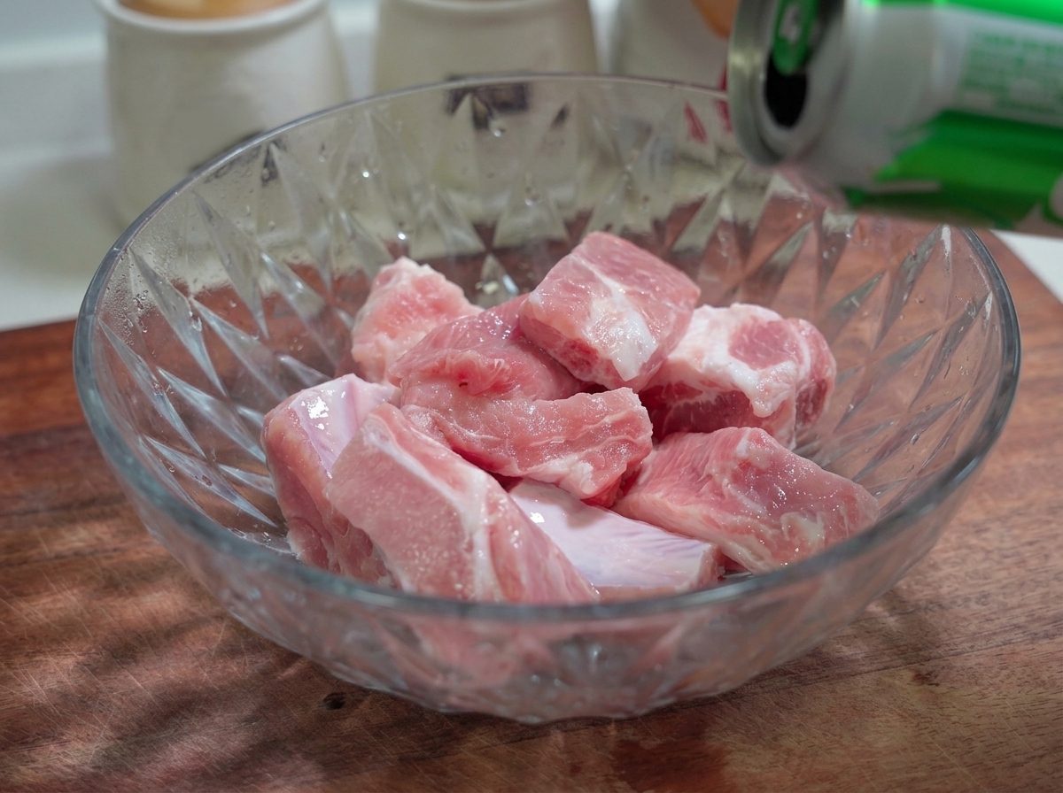 Cerveza vertiéndose desde una lata a un bol de vidrio que contiene costillas de cerdo crudas.