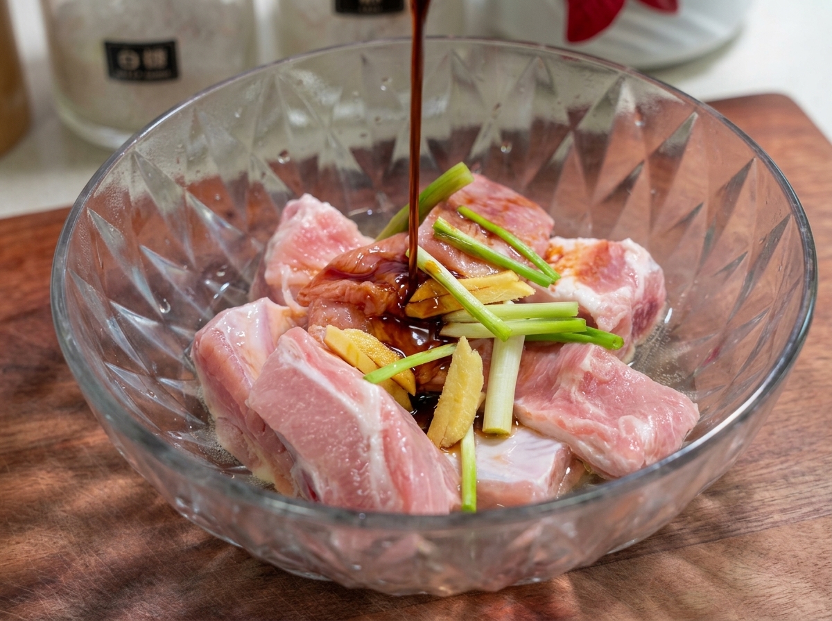Salsa de soja oscura, salsa de ostras y salsa char siu siendo vertidas sobre las costillas en un bol de vidrio.