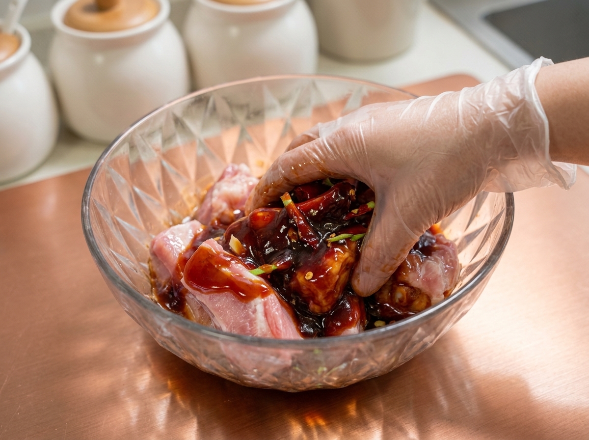 Una mano con guante masajeando y cubriendo costillas de cerdo con un adobo oscuro dentro de un bol de vidrio.