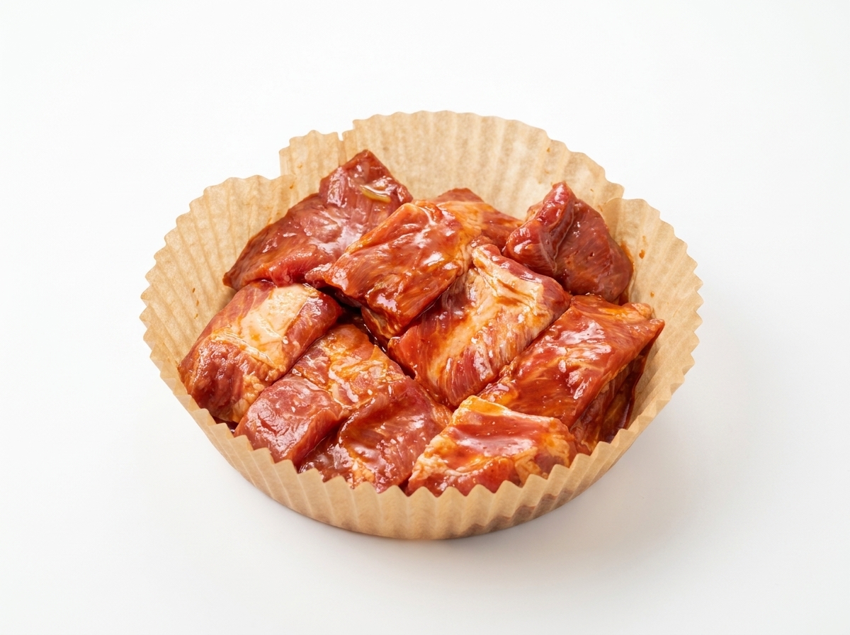Costillas de cerdo marinadas dispuestas ordenadamente en una cesta de air fryer forrada con papel de horno marrón.