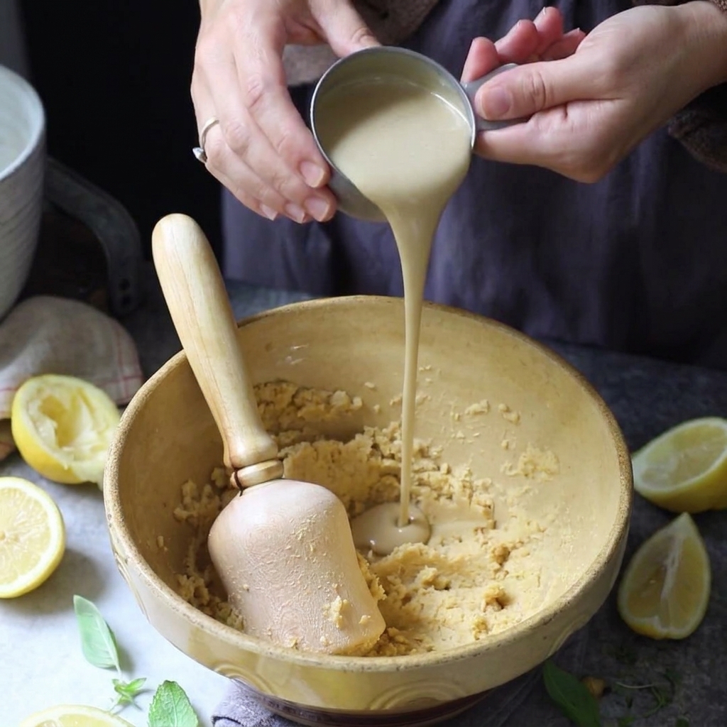 Pasta de tahini siendo vertida desde una taza medidora hacia un cuenco amarillo lleno de garbanzos machacados.