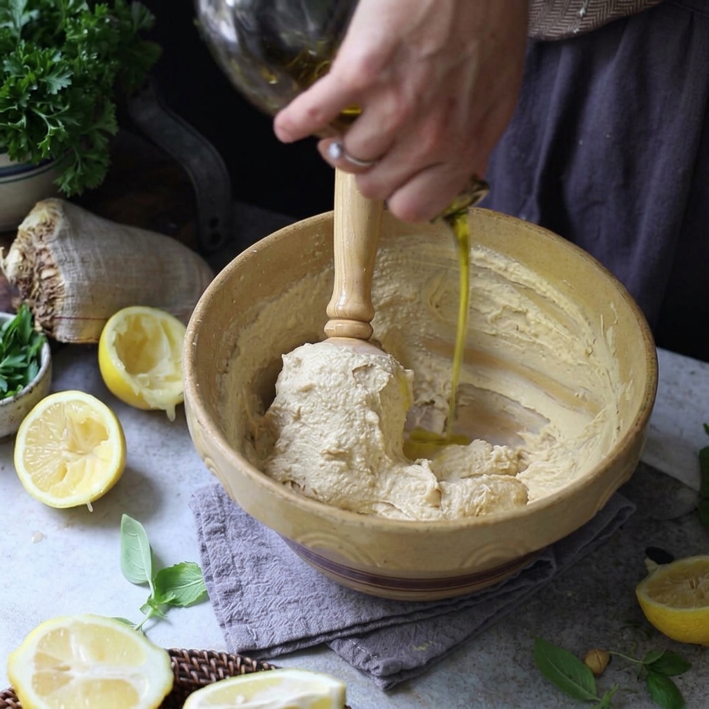 Aceite de oliva fluyendo desde una botella de vidrio hacia un bol de hummus mientras se remueve la mezcla.