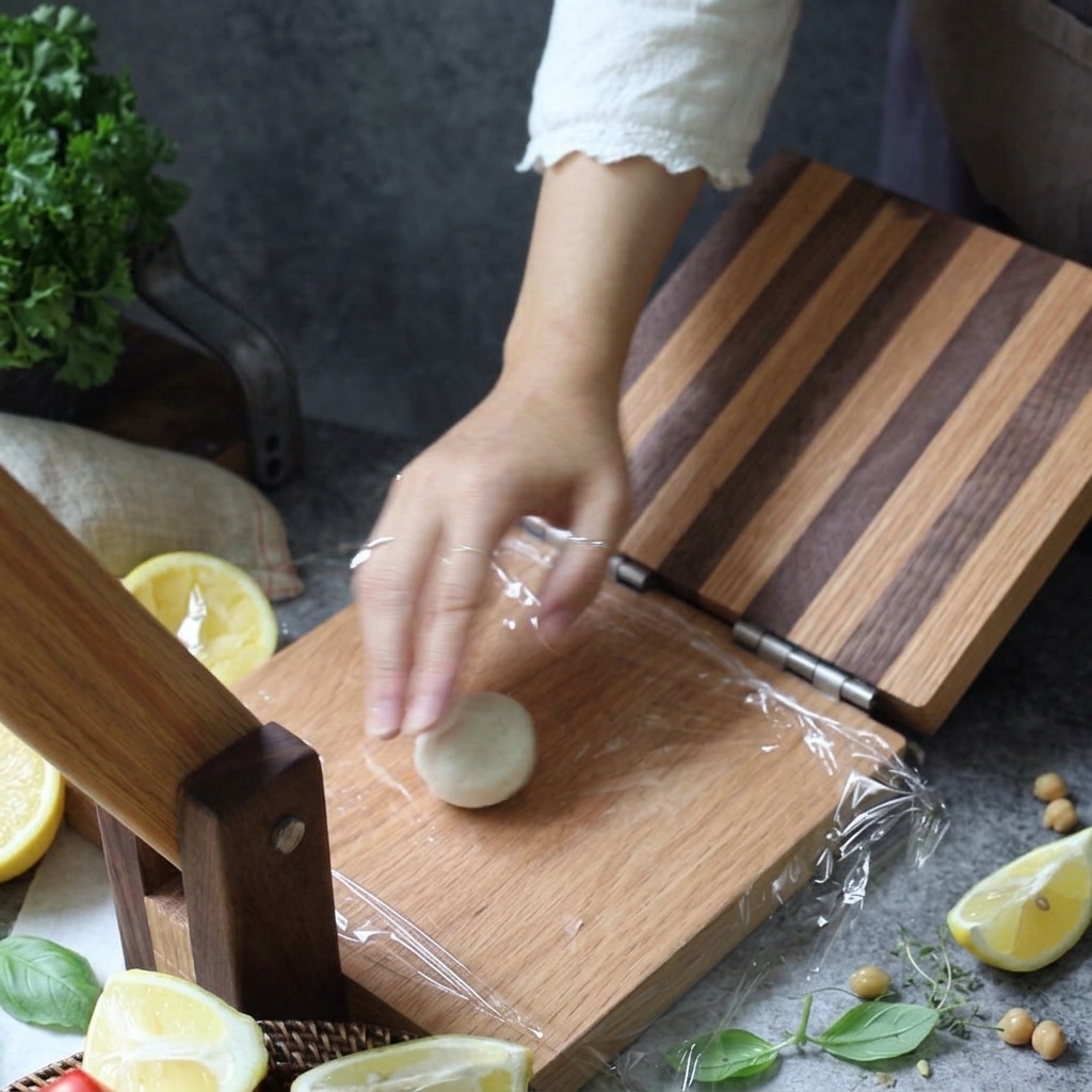 Una pequeña bola de masa blanca siendo presionada sobre una prensa de madera para tortillas forrada con film transparente.