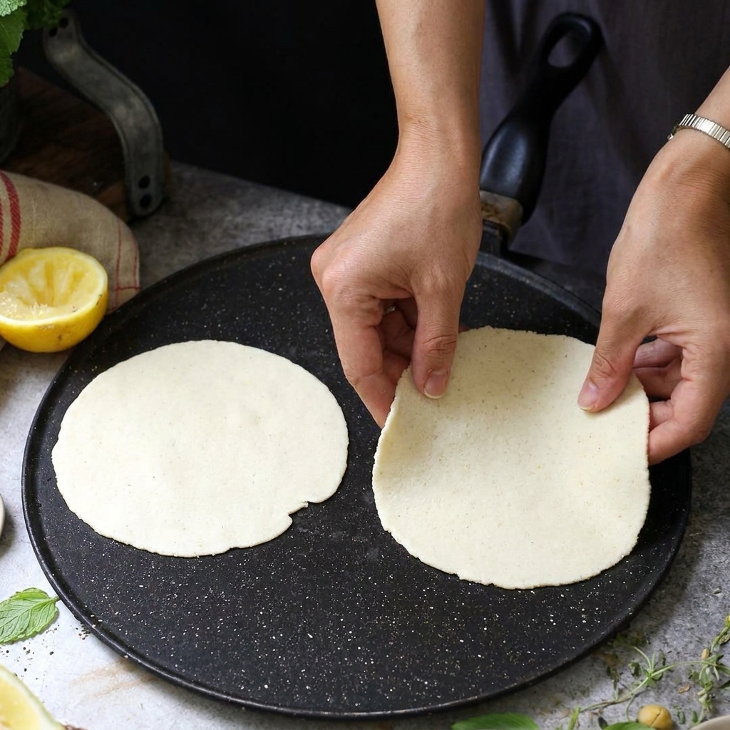 Tortillas redondas y aplanadas cocinándose sobre una sartén plancha caliente y oscura.