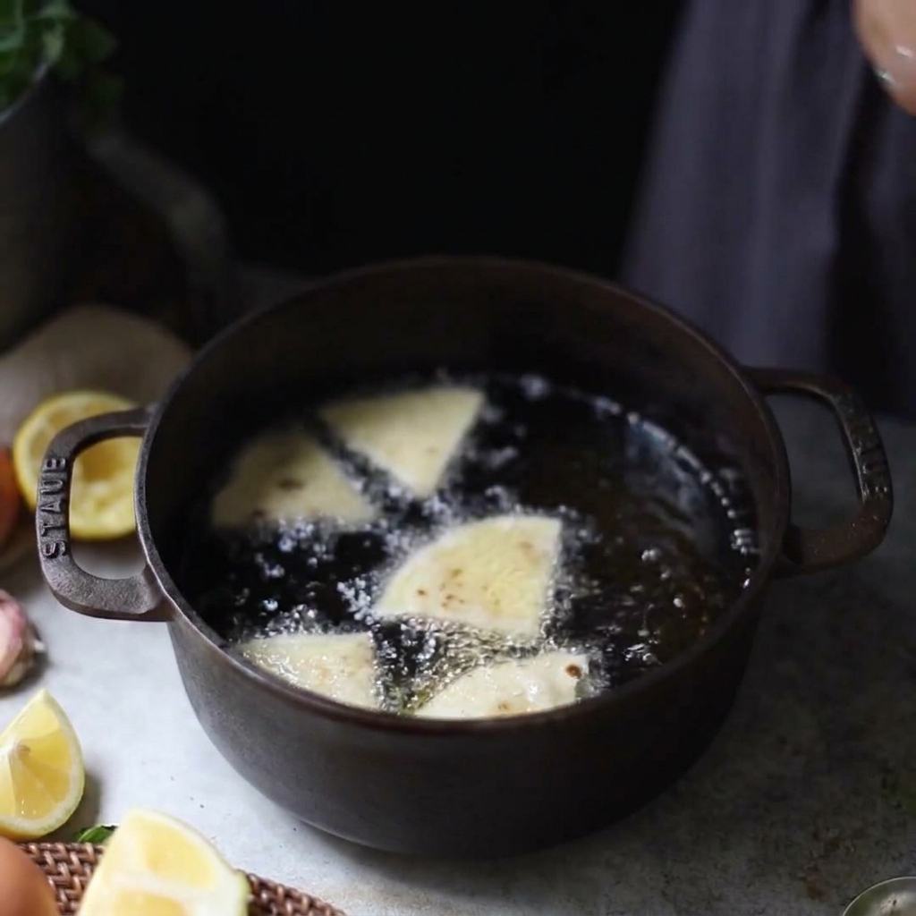 Piezas de tortilla en forma de triángulo friéndose en una olla llena de aceite hirviendo.
