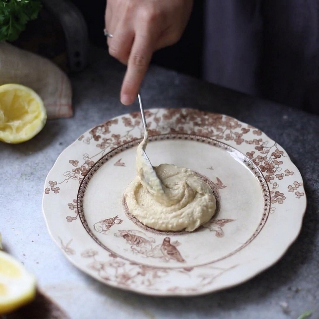 Hummus siendo extendido y moldeado en un patrón circular sobre un plato decorado utilizando una cuchara.