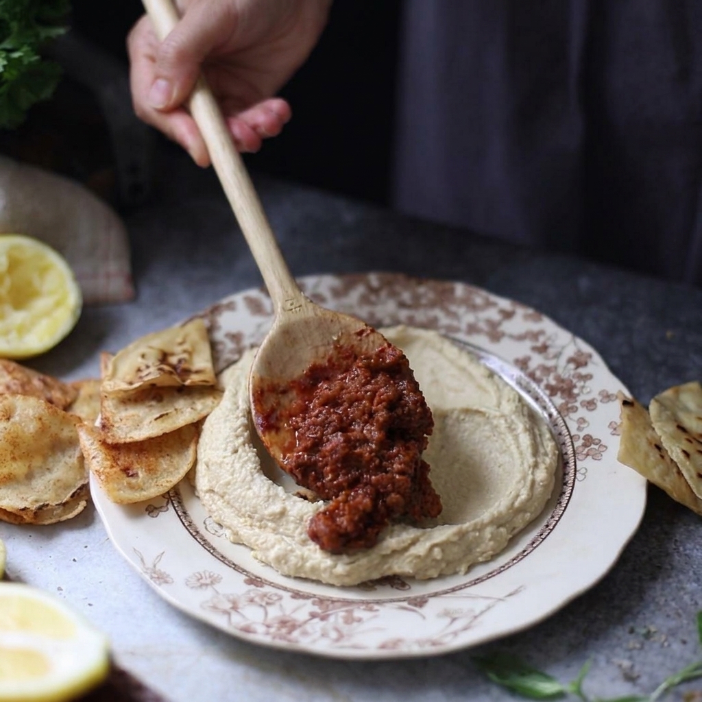 Una cuchara de madera colocando carne picada caliente en el centro de un plato de hummus servido con chips de tortilla.