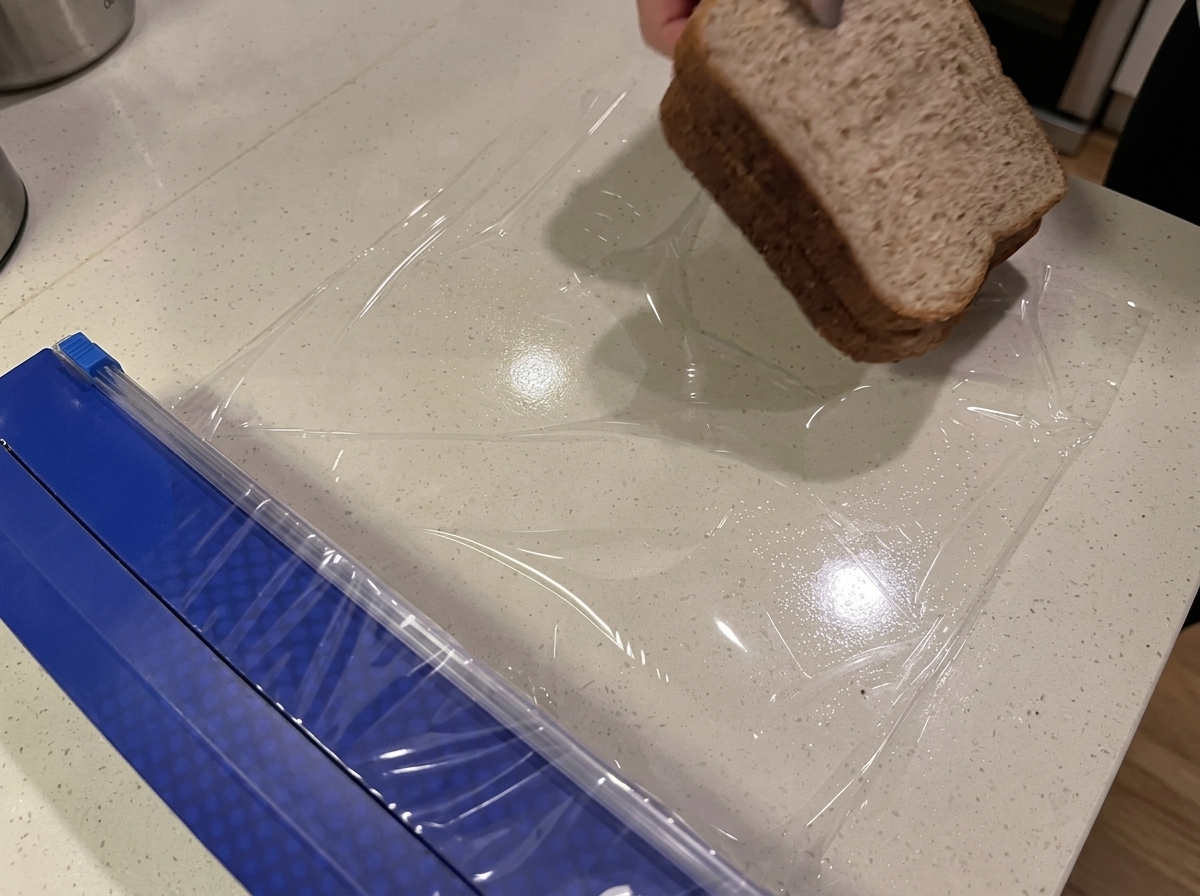 Dos rebanadas de pan integral colocadas sobre un trozo de papel film transparente en la encimera de la cocina.