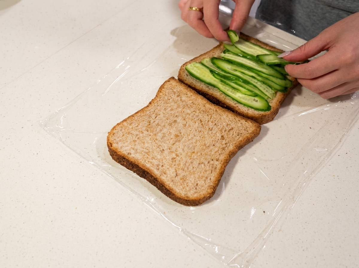 Huevos fritos colocados sobre la capa de pepino en una rebanada de pan integral.